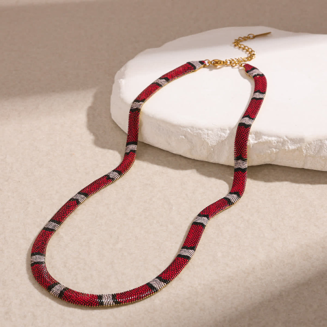 Serpent Herringbone Choker Printed Snake Flat Chain Necklace - Red & White - image 7