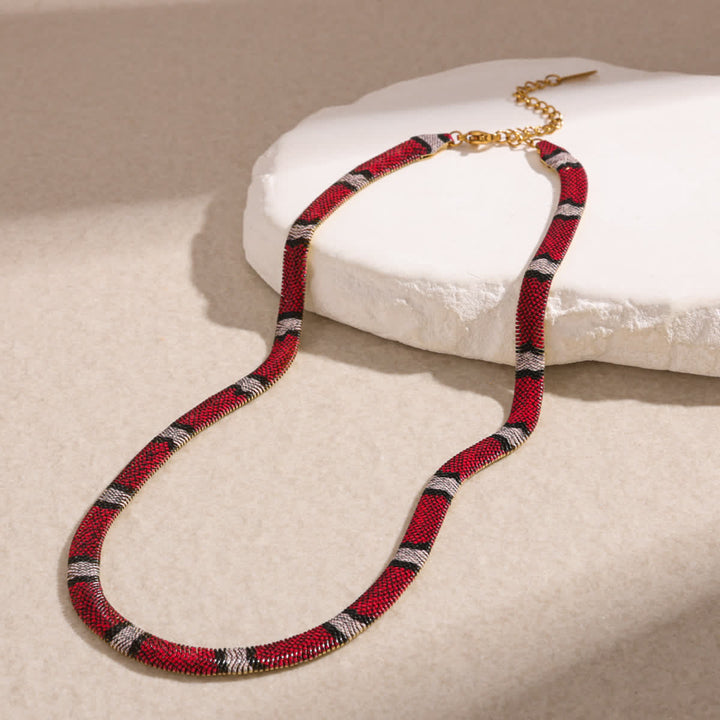 Serpent Herringbone Choker Printed Snake Flat Chain Necklace - Red & White - image 7