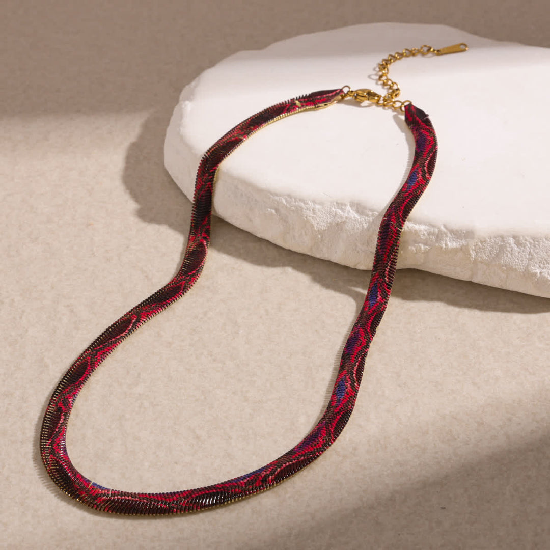 Serpent Herringbone Choker Printed Snake Flat Chain Necklace - Red - image 5