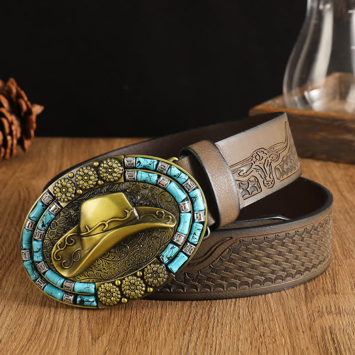 Men's Cowboy Gold Hat Turquoise Decor Leather Belt