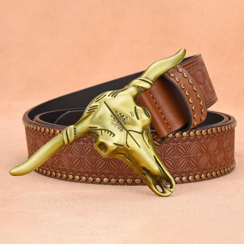 Men's Western Cattle Head Rivet Embossed Leather Belt