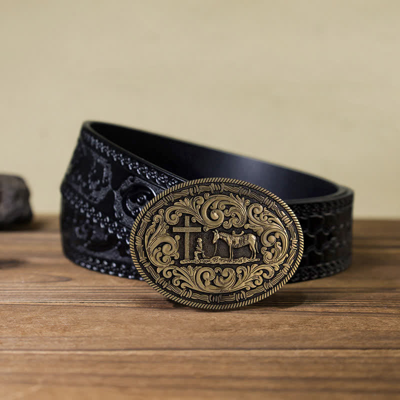 Men's DIY Praying Cowboy Oval Buckle Leather Belt