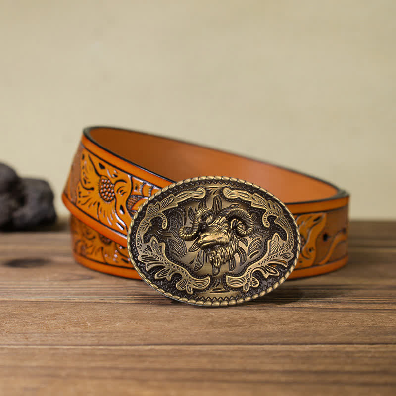 Men's DIY Bronze Wild Goat Head Buckle Leather Belt