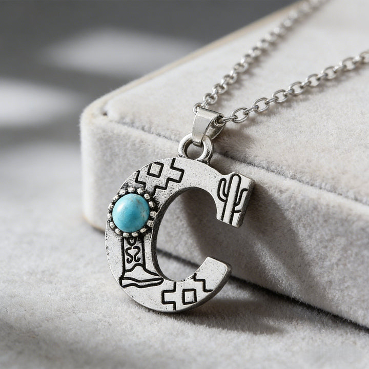 Vintage Initial Letter Turquoise Charm Necklace - C - image 5