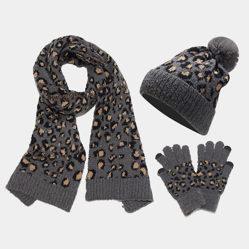 3Pcs Women's Leopard Print Hat Scarf Gloves Set