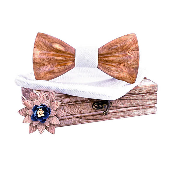 3Pcs Men's Hand Carved Crease Wooden Bow Tie Set