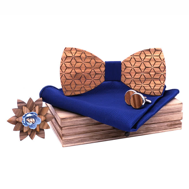 4Pcs Men's Geometric Carving Wooden Bow Tie Set