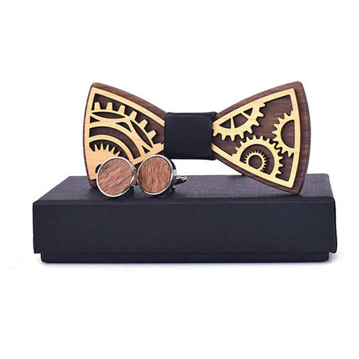 2Pcs Men's Gears Wooden Bow Tie Cufflinks Set