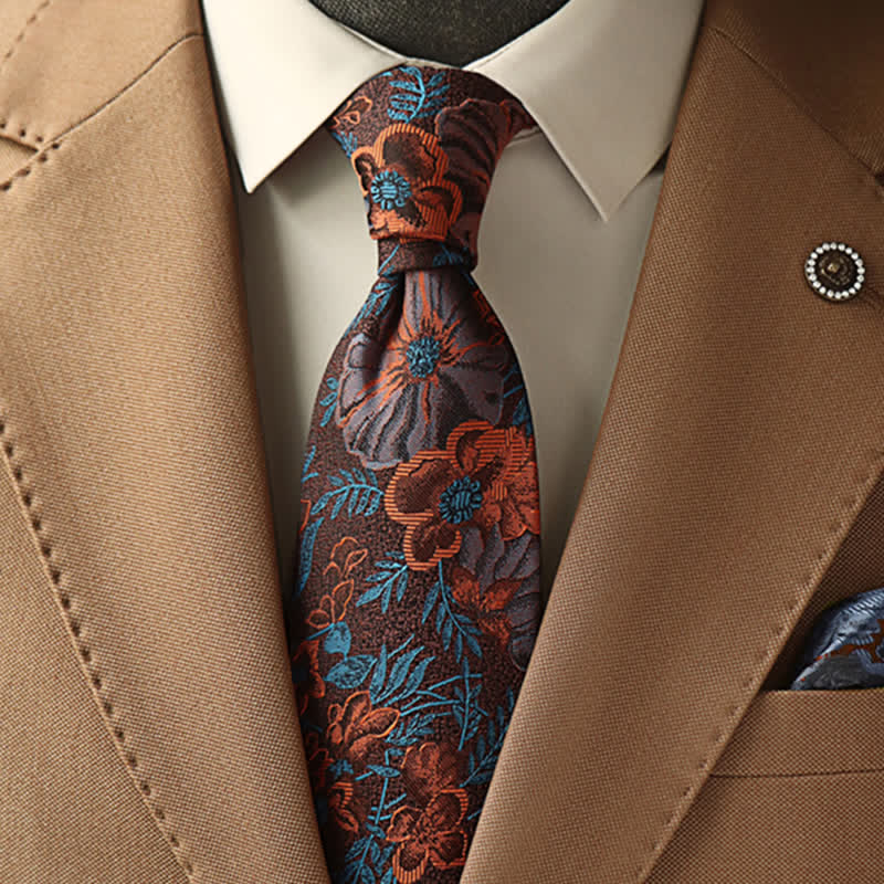 Men's Burnt Orange & Turquoise Floral Necktie - Orange - image 0