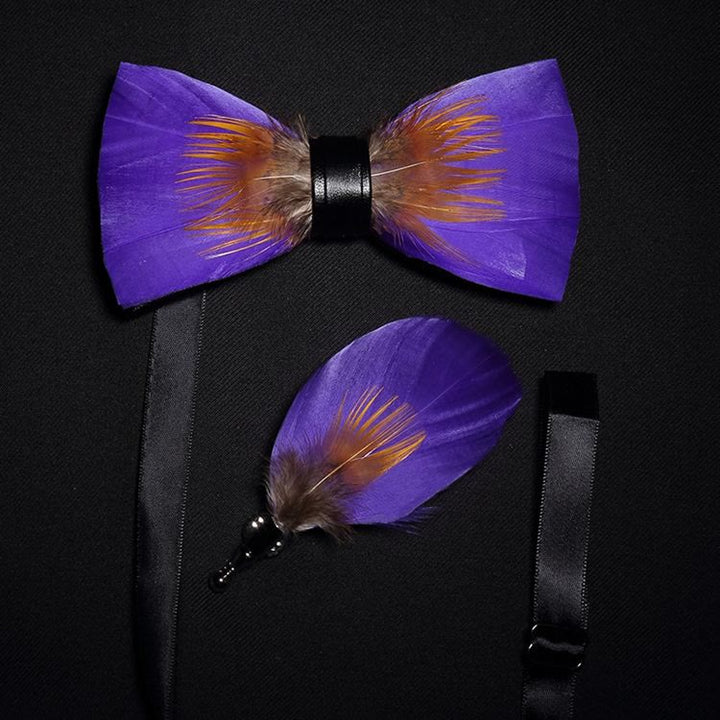 Kid's Purple & Orange Embellished Feather Bow Tie with Lapel Pin