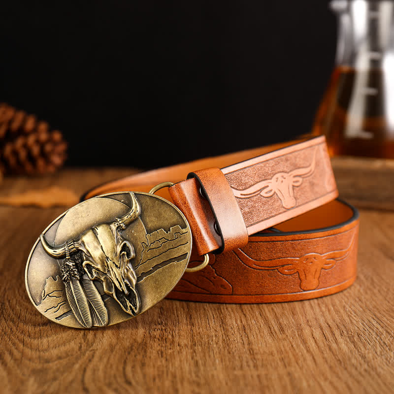 Men's Ethic Mad Bull Head Buckle Leather Belt