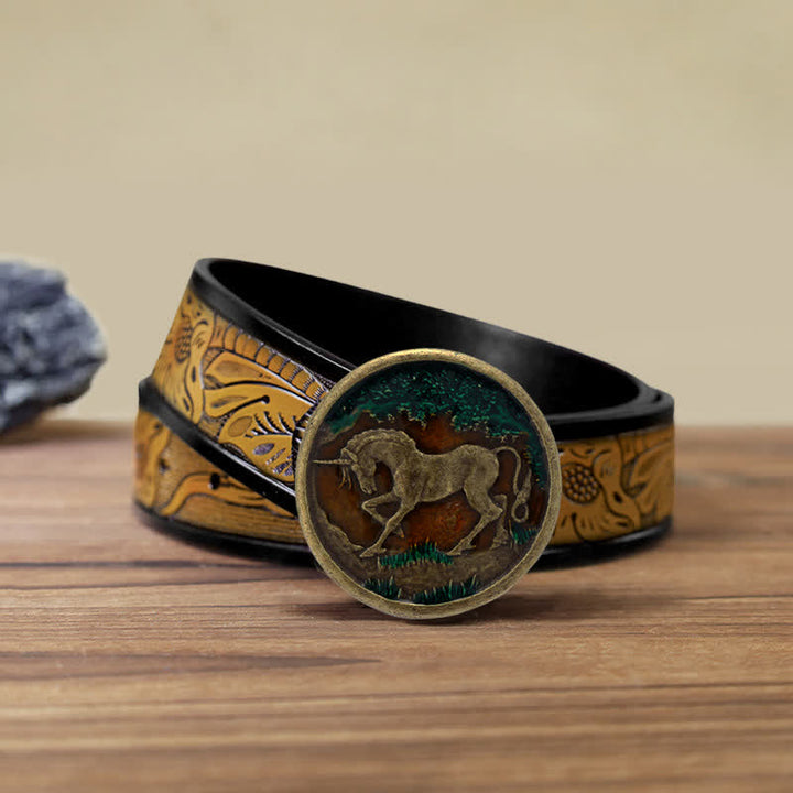 Men's DIY Mystical Unicorn Antique Bronze Buckle Leather Belt