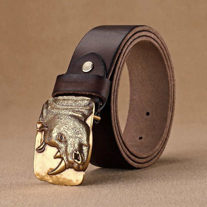 Men's Gold Rhino Plate Buckle Leather Belt