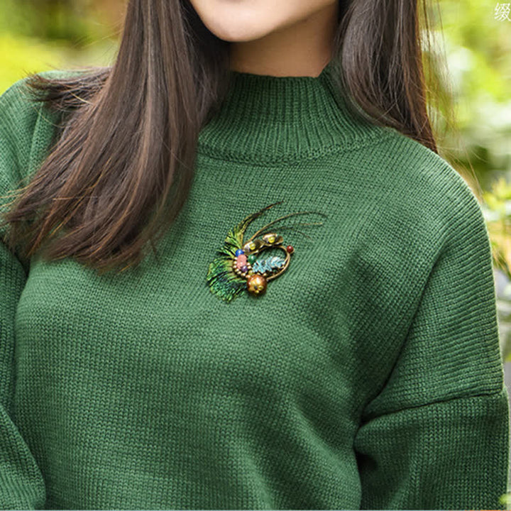 Women's Retro Bronze Flower Peacock Feather Brooch