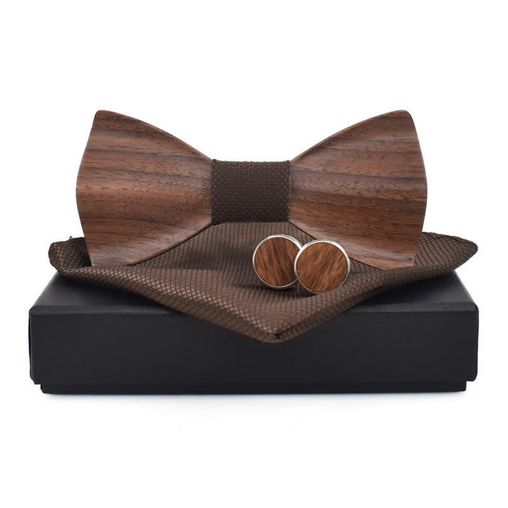 3Pcs Men's Plain Checkered Wooden Bow Tie Set