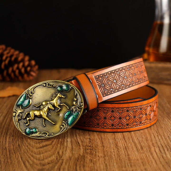 Men's Double Horses Faux Gemstone Leather Belt