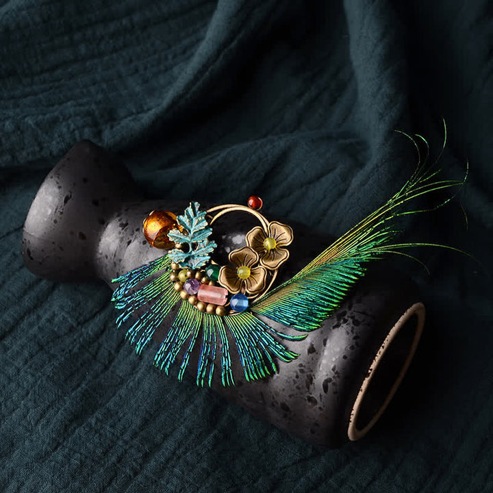 Women's Retro Bronze Flower Peacock Feather Brooch