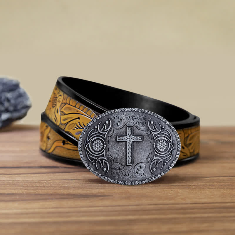 Men's DIY Faith Cross Floral Buckle Leather Belt