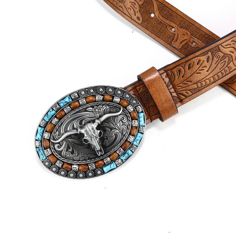 Men's Western Cowboy Turquoise Bull Leather Belt