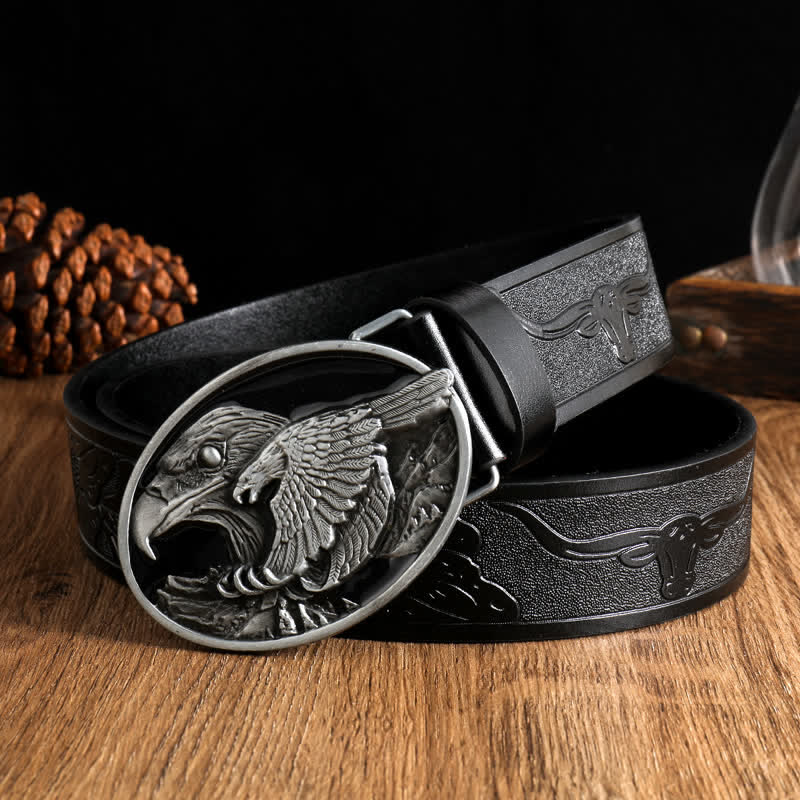 Men's Carved Bald Hawk Eagle Buckle Leather Belt