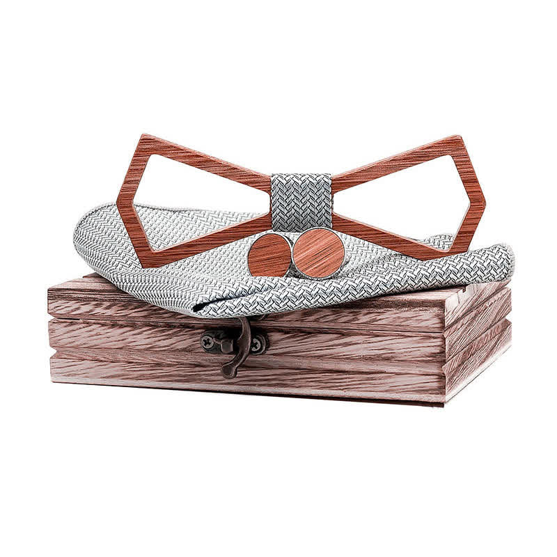 3Pcs Men's Hollow Carved Design Wooden Bow Tie Set