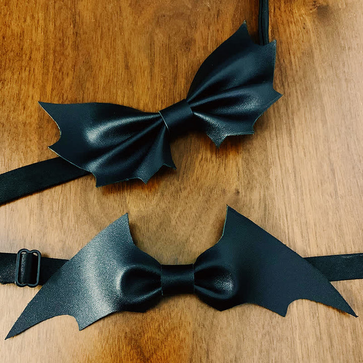 Men's Black Bat Wings Faux Leather Bow Tie