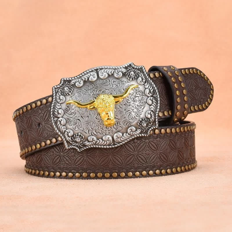 Men's Punk Rivet Gold Longhorn Bull Leather Belt