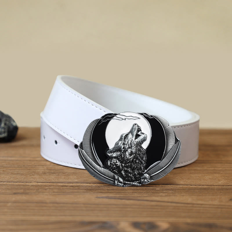 Men's DIY Howling Wolf Moon Oval Buckle Leather Belt