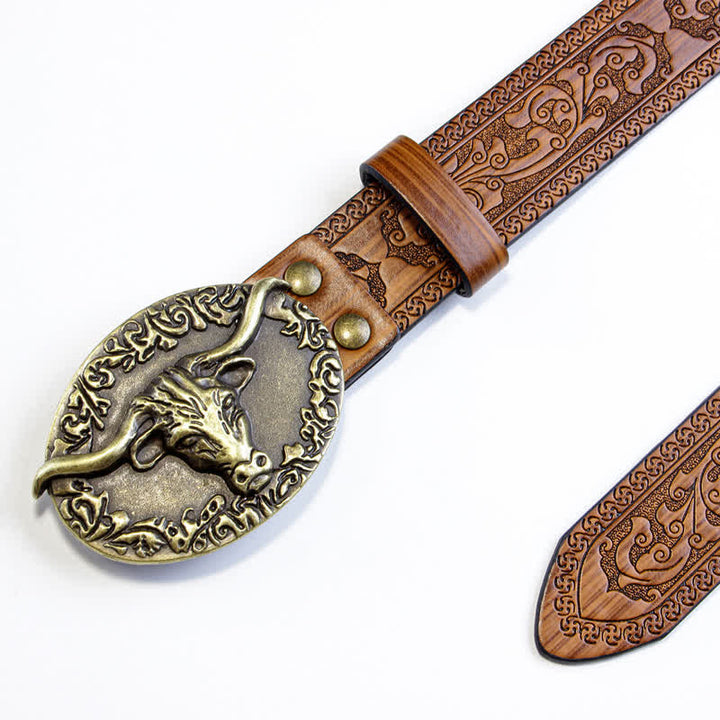 Men's Vintage Bull Head Brown Embossed Leather Belt