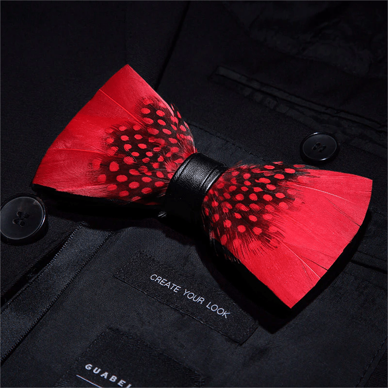 Kid's Red & Black Finch Feather Bow Tie with Lapel Pin