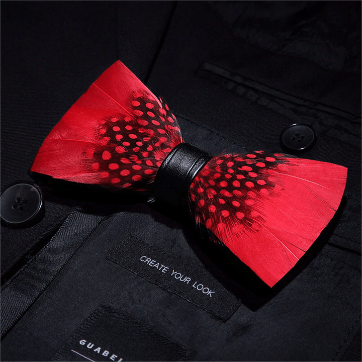 Red & Black Finch Feather Bow Tie with Lapel Pin