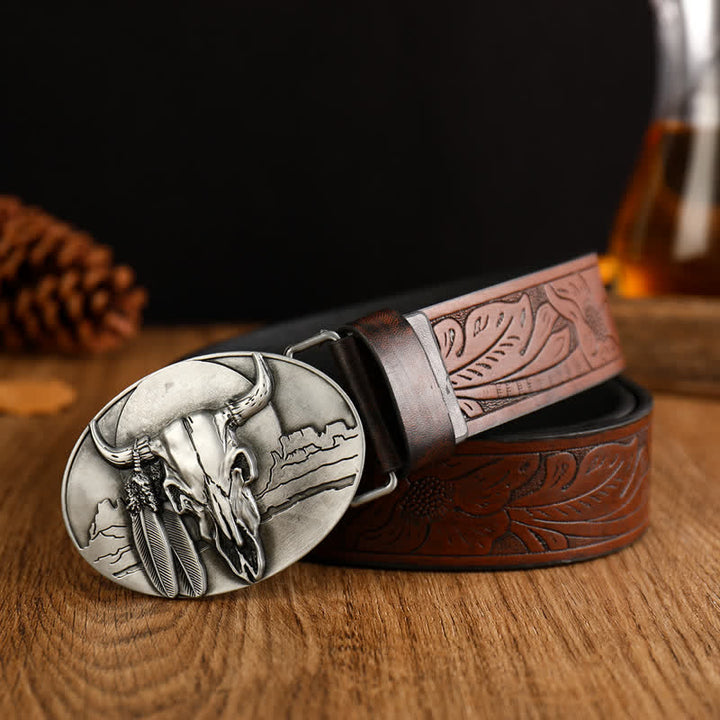 Men's Ethic Mad Bull Head Buckle Leather Belt