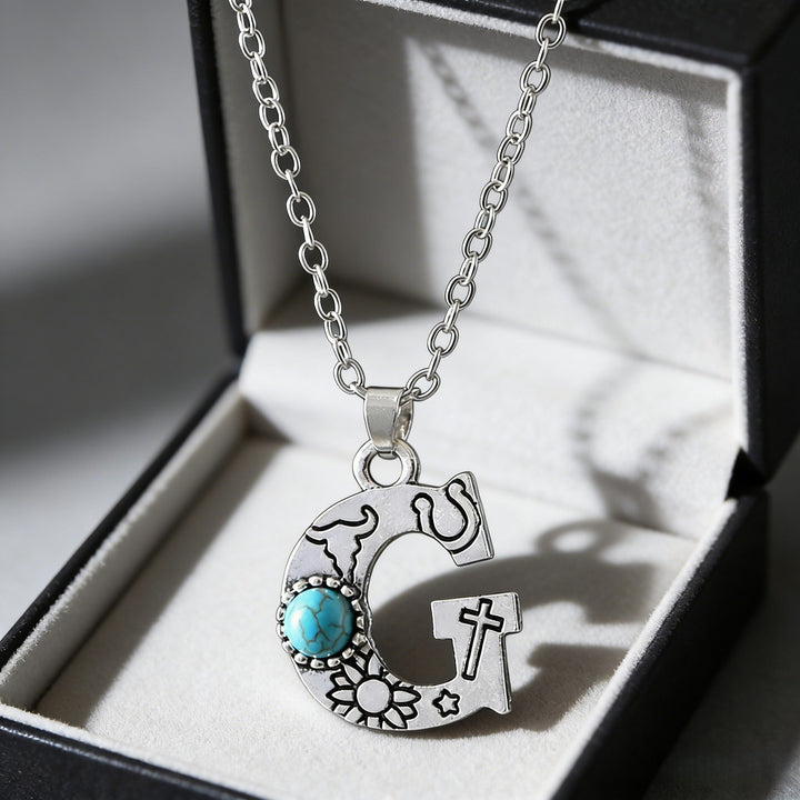 Vintage Initial Letter Turquoise Charm Necklace - G - image 8