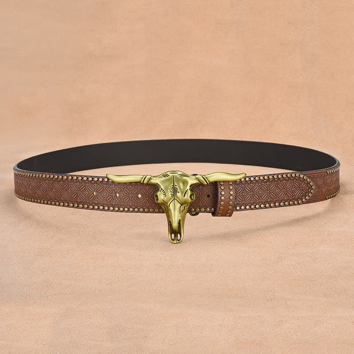 Men's Western Cattle Head Rivet Embossed Leather Belt