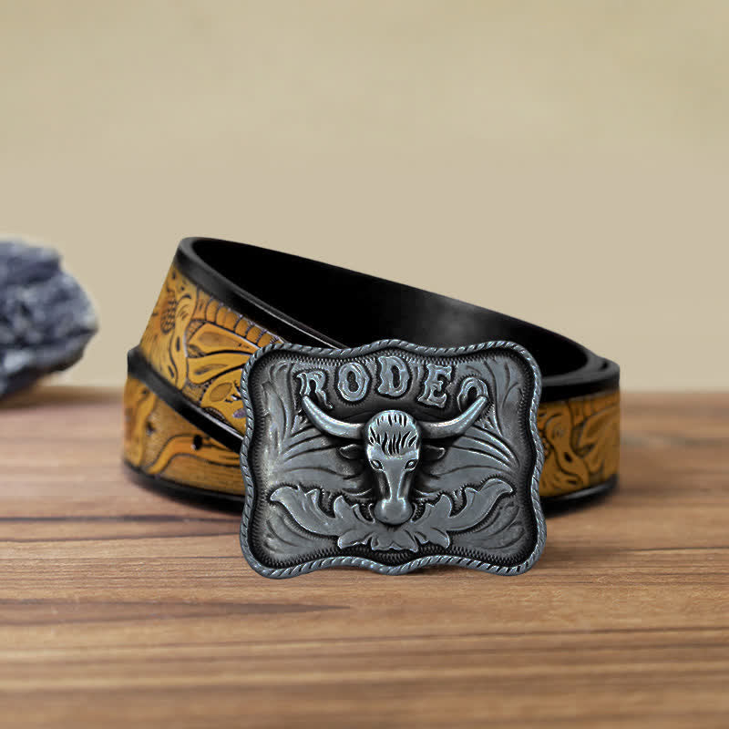 Men's DIY Silver Longhorn Bull Rodeo Buckle Leather Belt