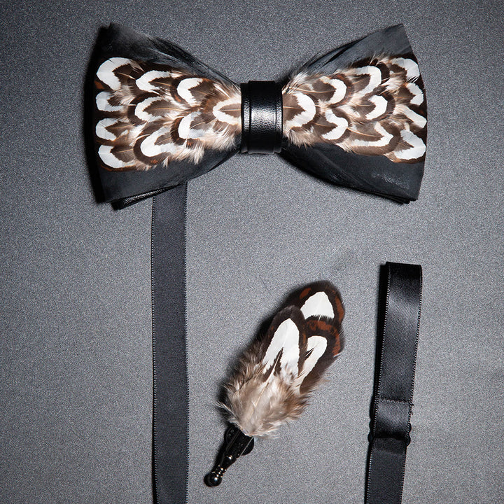 Black & Brown Desert Gobi Feather Bow Tie with Lapel Pin