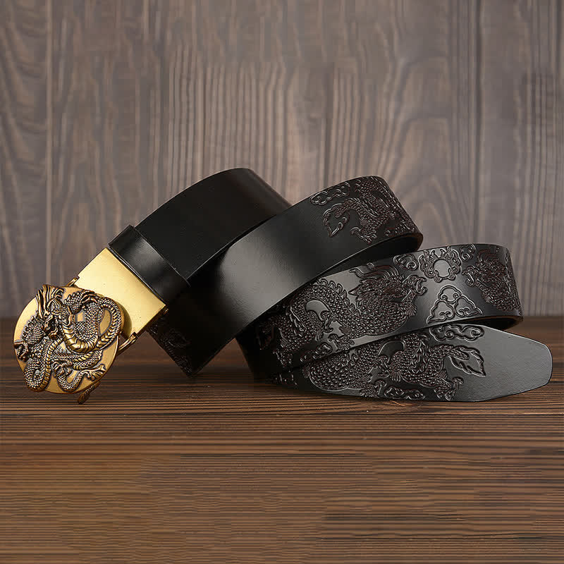 Men's Flame Dragon Round Automatic Buckle Leather Belt