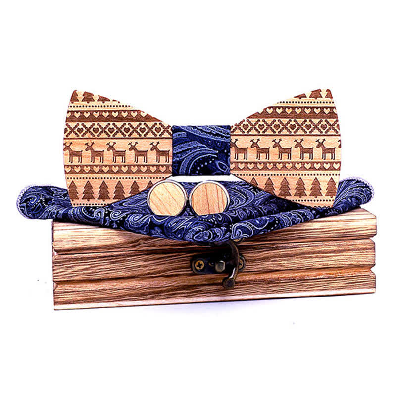 3Pcs Men's Christmas Theme Pattern Wooden Bow Tie Set