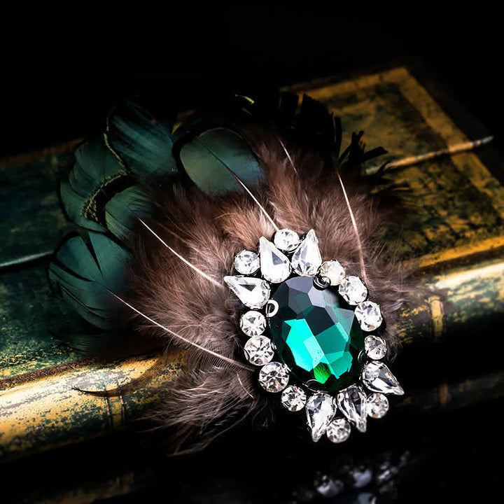 Women's Dark Green Crystal Feather Brooch