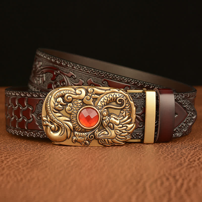 Men's Engraved Dragon Gemstone Leather Belt