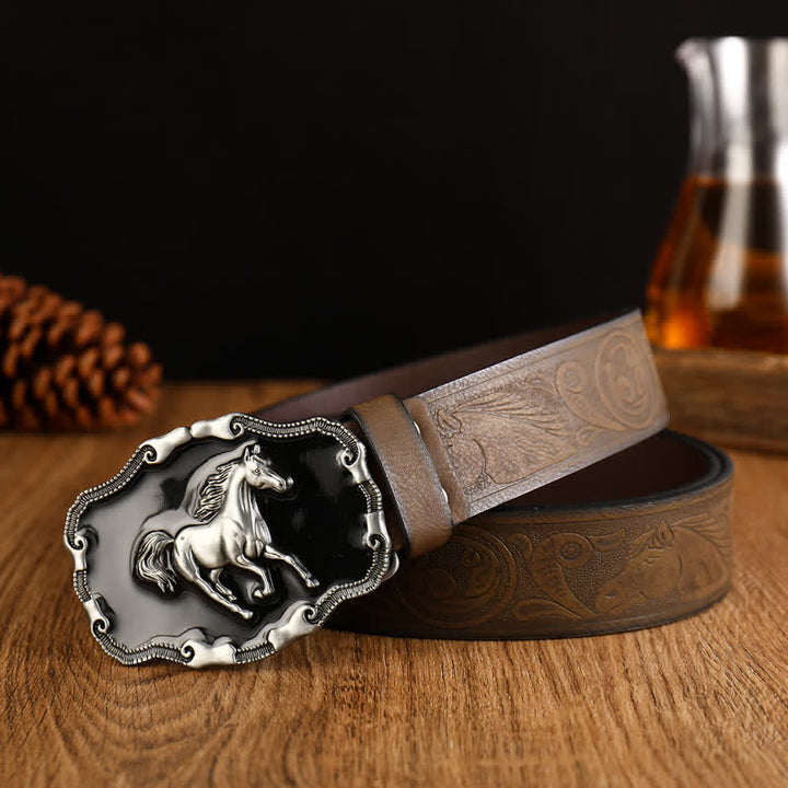 Men's Black Silver Running Horse Leather Belt