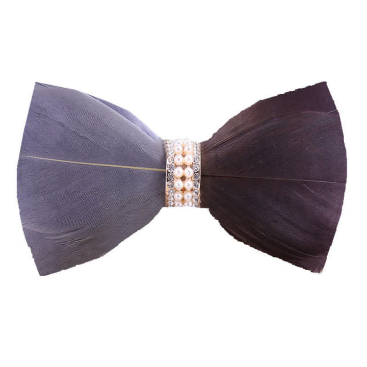 Gray & Brown Shiny Pearl Feather Bow Tie with Lapel Pin