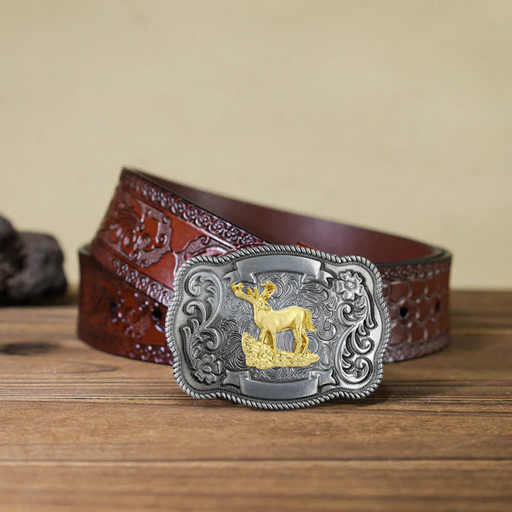 Men's DIY Gold Carving Animal Buckle Leather Belt - Deer - Brown Carved Belt (40) - image 34