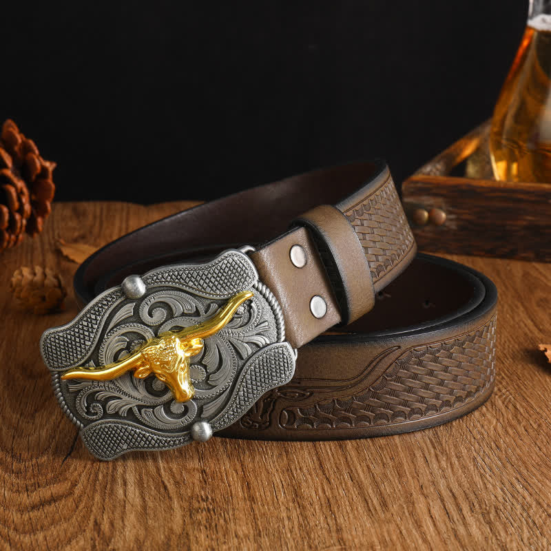 Men's Square Golden Longhorn Bull Leather Belt