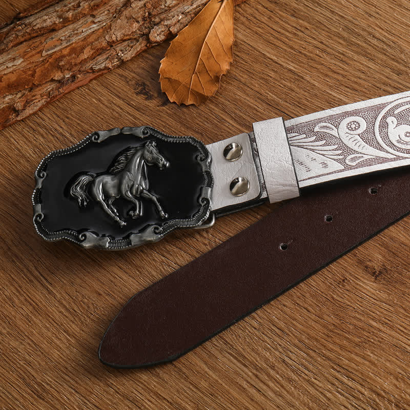 Men's Black Silver Running Horse Leather Belt - image 10