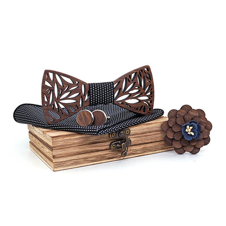 4pcs Men's Hollow Leaf Wooden Bow Tie Set