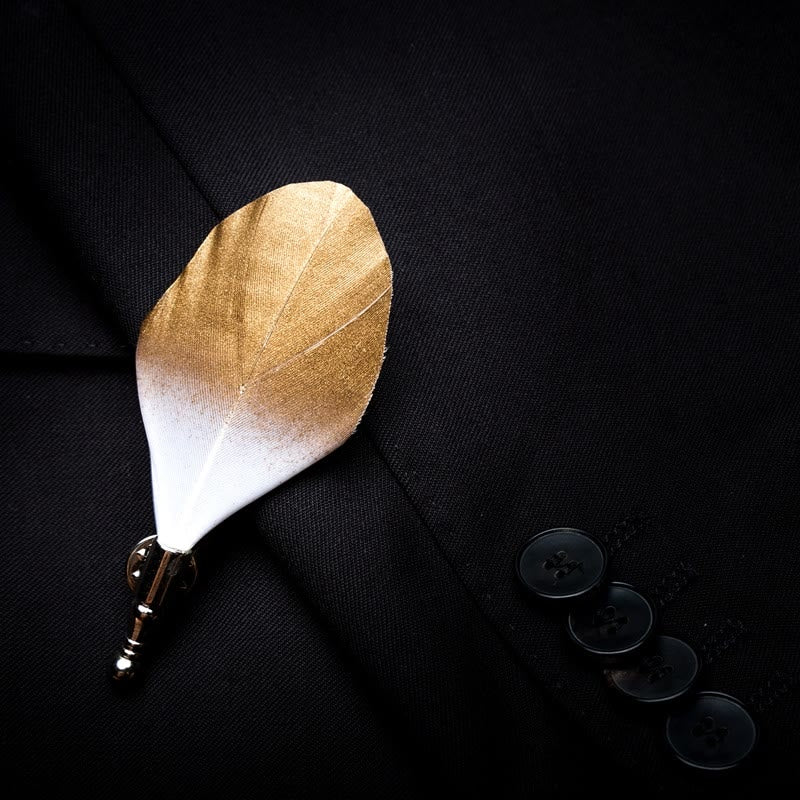 Kid's Gold & White Butterscotch Feather Bow Tie with Lapel Pin