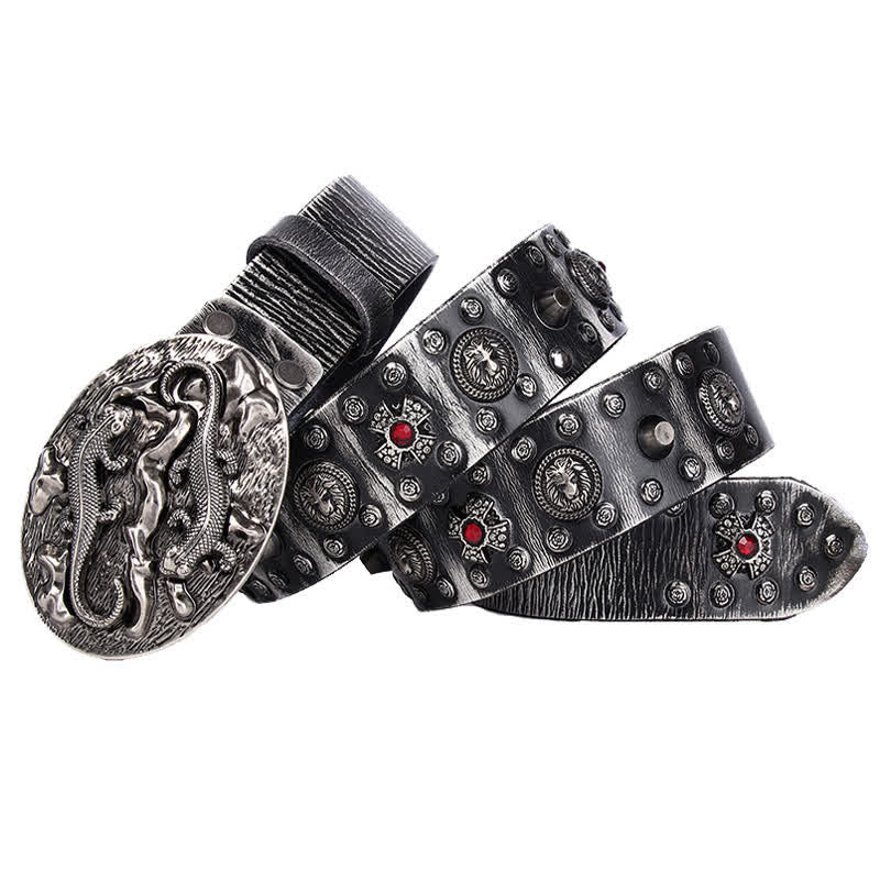 Men's Studded Ruby Lion Ornament Leather Belt