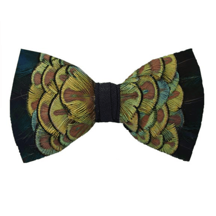 YellowGreen & Black Forest Goose Feather Bow Tie