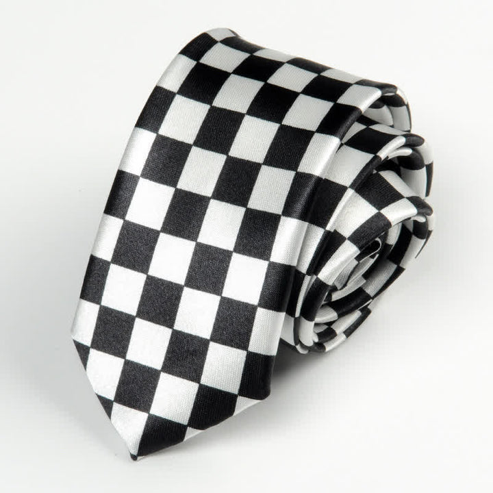 Men's Black & White Little Checks Dots Striped Necktie